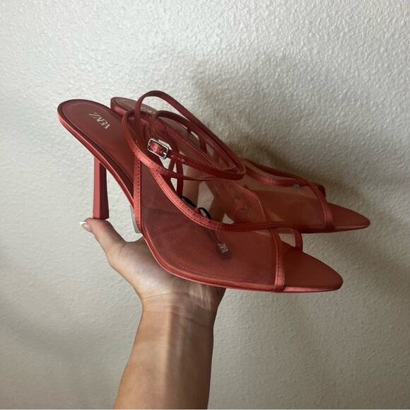 Zara coral red mesh strappy pointed heels NEW 41/10 - Picture 2 of 12